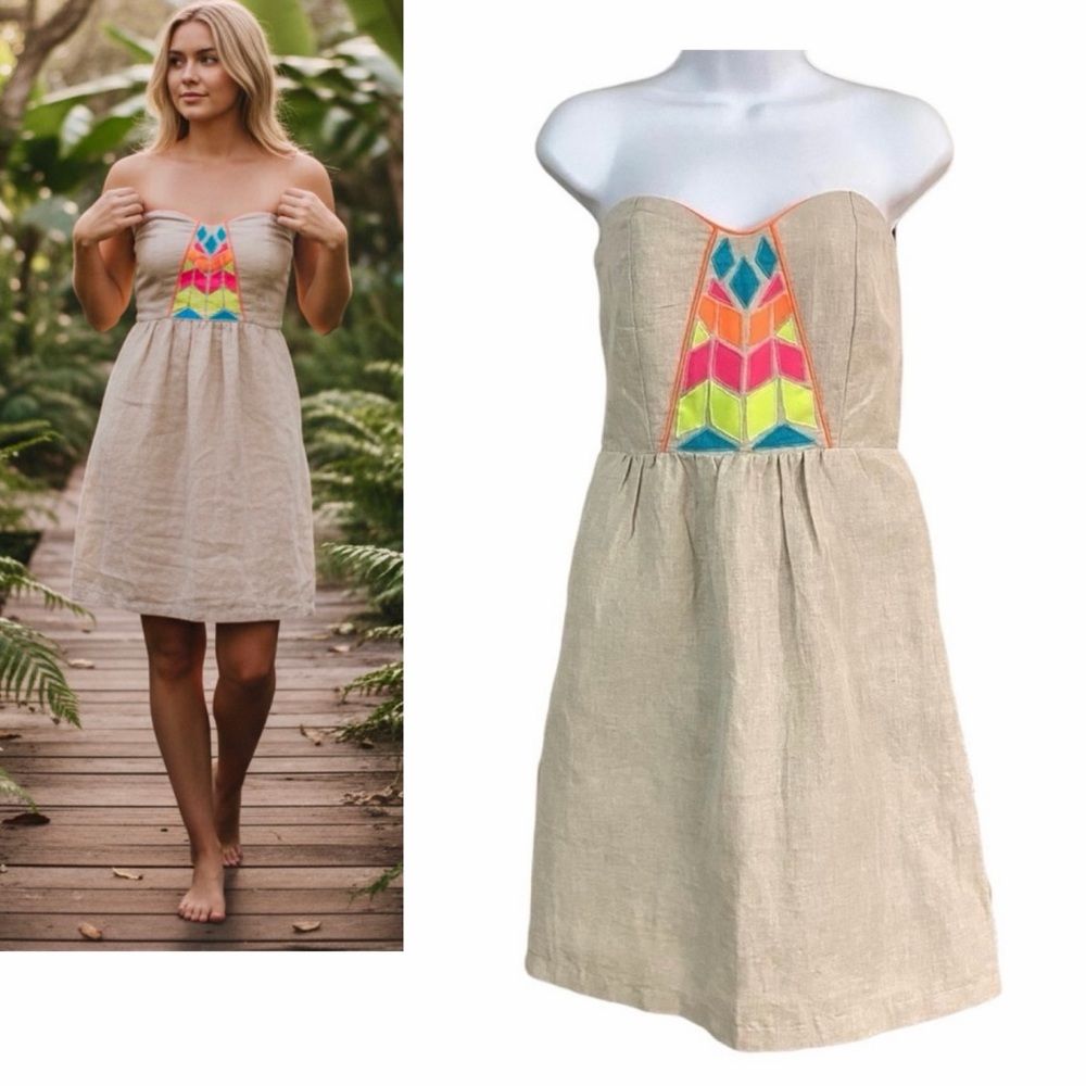 Cream Cotton-Linen Strapless Dress Sz Medium Breathable Natural Resort Vacation